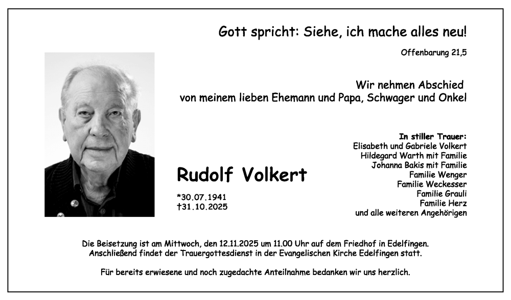  Traueranzeige für Rudolf Volkert vom 07.11.2025 aus Fränkische Nachrichten