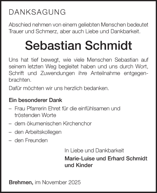 Traueranzeige von Sebastian Schmidt von Fränkische Nachrichten