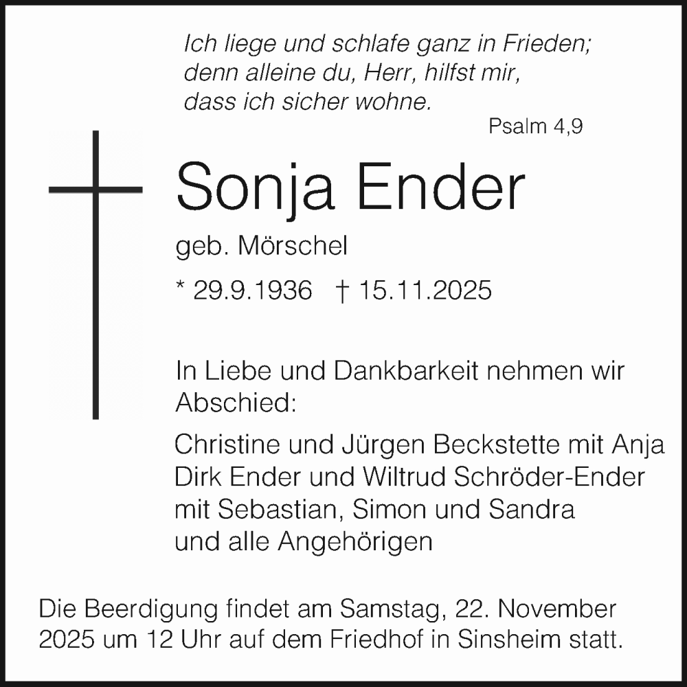 Traueranzeige für Sonja Ender vom 20.11.2025 aus Schwetzinger Zeitung