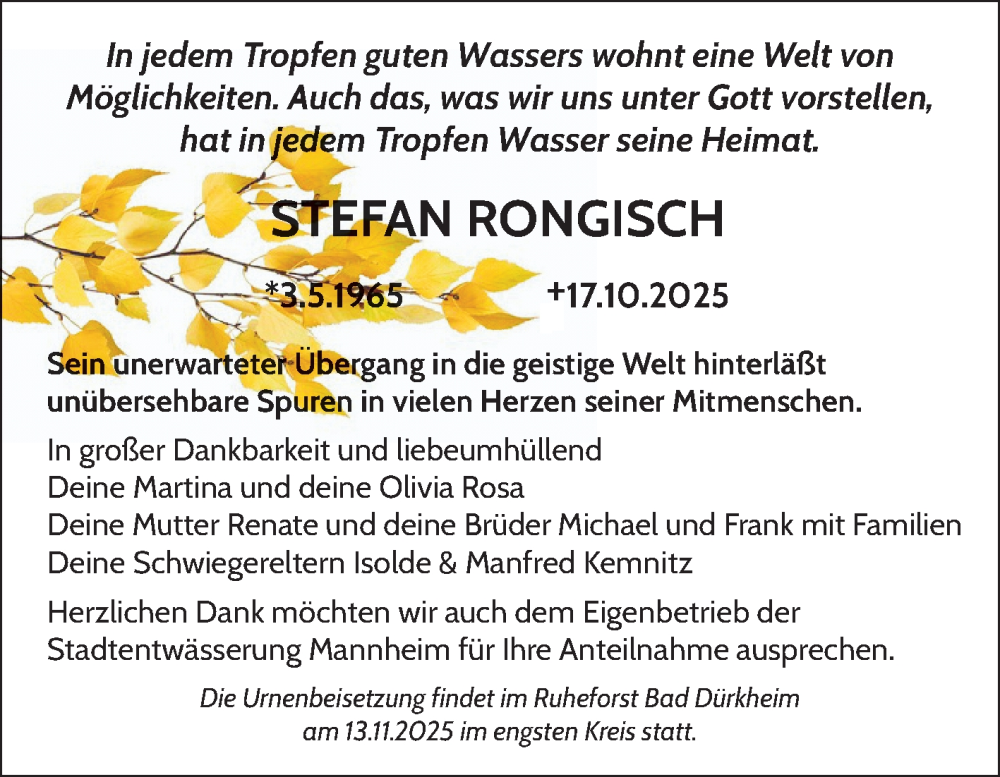  Traueranzeige für Stefan Rongisch vom 06.11.2025 aus Mannheimer Morgen