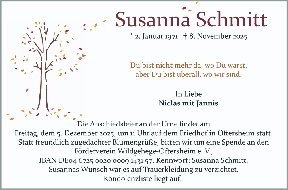 Traueranzeige für Susanna Schmitt vom 29.11.2025 aus Schwetzinger Zeitung