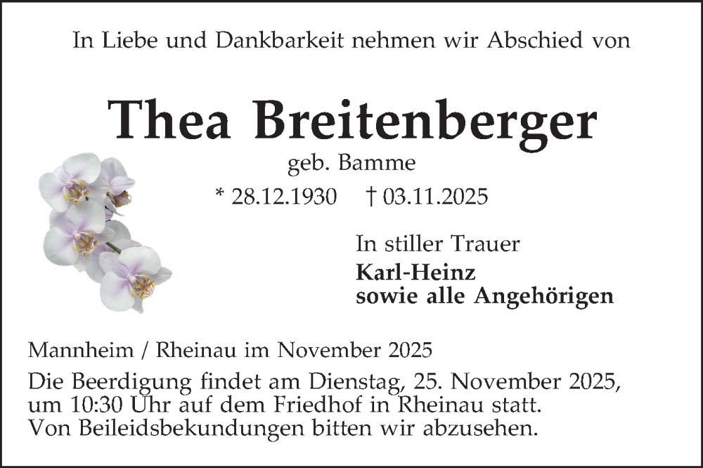  Traueranzeige für Thea Breitenberger vom 22.11.2025 aus Mannheimer Morgen