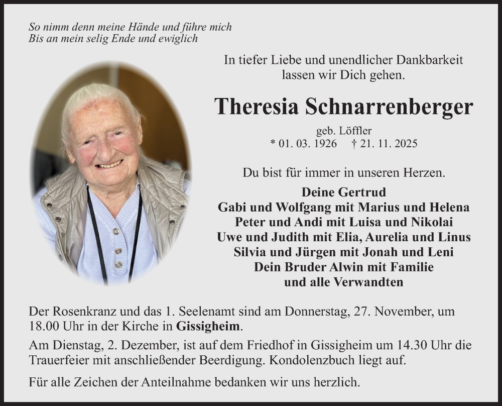  Traueranzeige für Theresia Schnarrenberger vom 26.11.2025 aus Fränkische Nachrichten