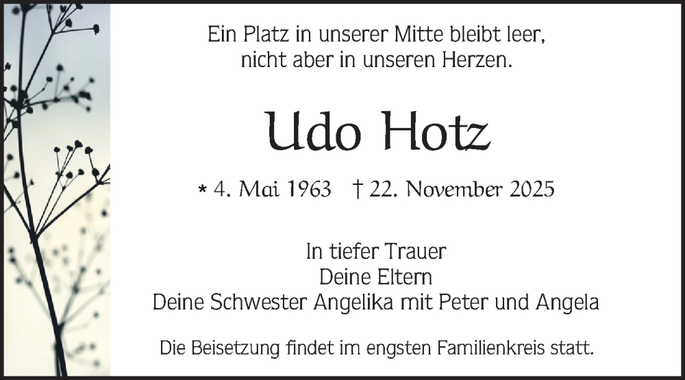 Traueranzeige für Udo Hotz vom 29.11.2025 aus Mannheimer Morgen