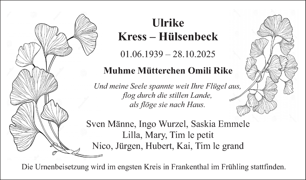  Traueranzeige für Ulrike Kress-Hülsenbeck vom 08.11.2025 aus Mannheimer Morgen