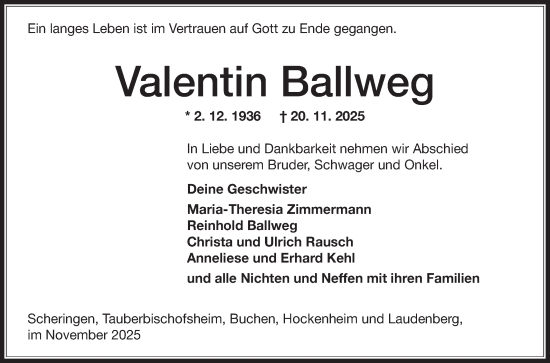 Traueranzeige von Valentin Ballweg von Fränkische Nachrichten