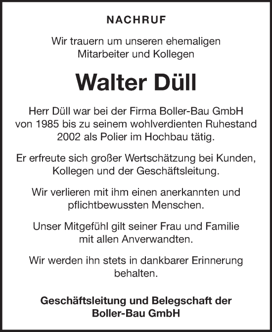 Traueranzeige von Walter Düll von Fränkische Nachrichten