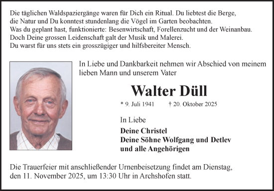 Traueranzeige von Walter Düll von Fränkische Nachrichten
