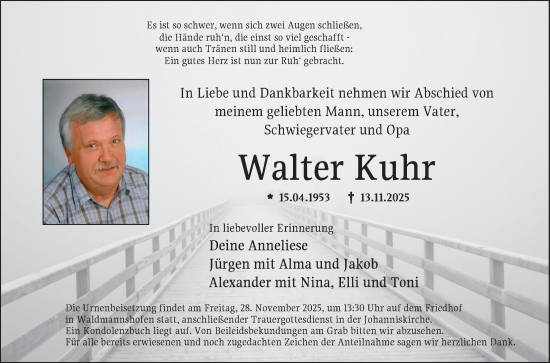 Traueranzeige von Walter Kuhr von Fränkische Nachrichten