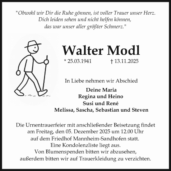 Traueranzeige von Walter Modl von Mannheimer Morgen