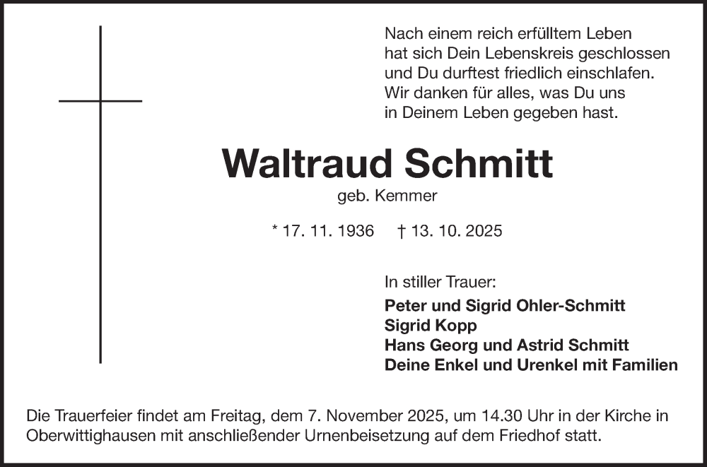  Traueranzeige für Waltraud Schmitt vom 04.11.2025 aus Fränkische Nachrichten