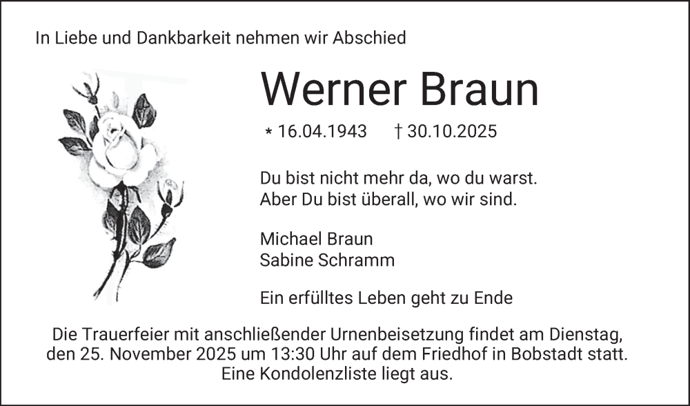  Traueranzeige für Werner Braun vom 15.11.2025 aus Mannheimer Morgen