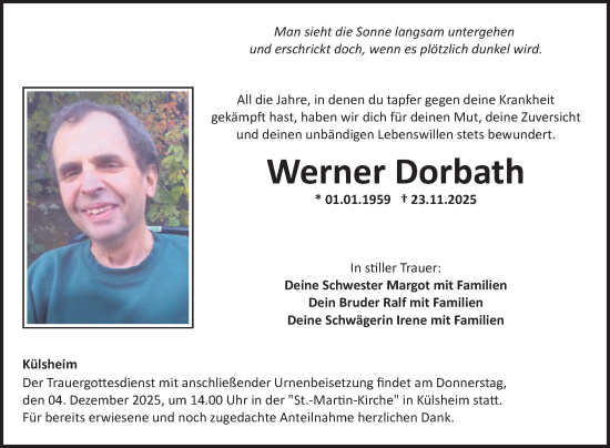 Traueranzeige von Werner Dorbath von Fränkische Nachrichten