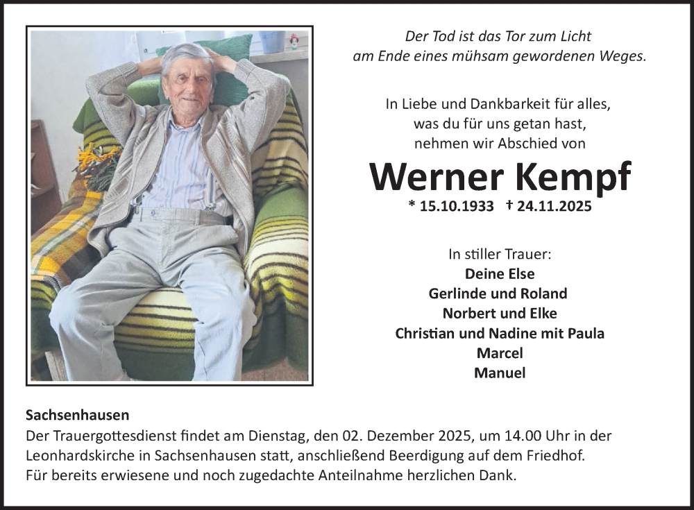  Traueranzeige für Werner Kempf vom 29.11.2025 aus Fränkische Nachrichten