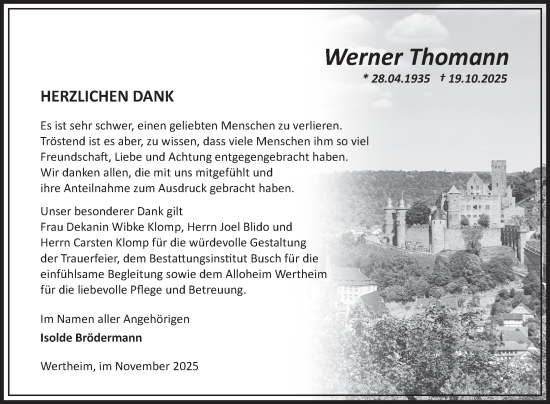 Traueranzeige von Werner Thomann von Fränkische Nachrichten