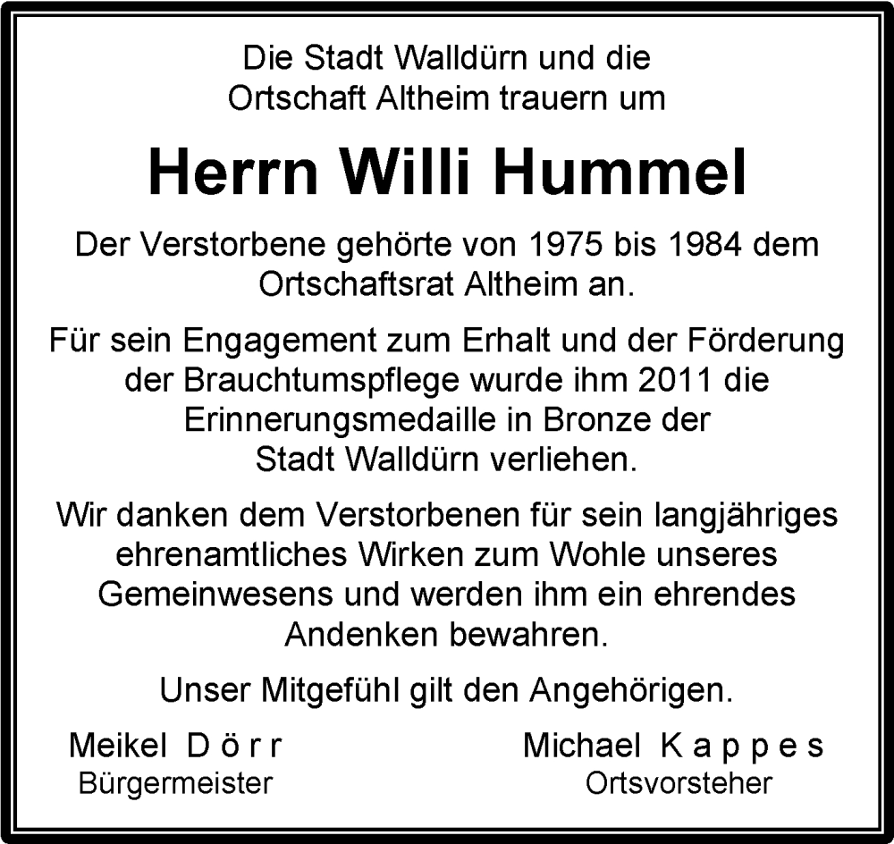  Traueranzeige für Willi Hummel vom 07.11.2025 aus Fränkische Nachrichten