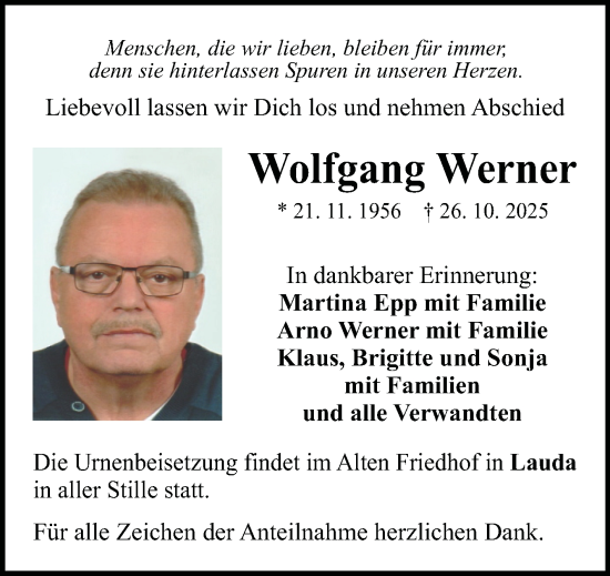 Traueranzeige von Wolfgang Werner von Fränkische Nachrichten