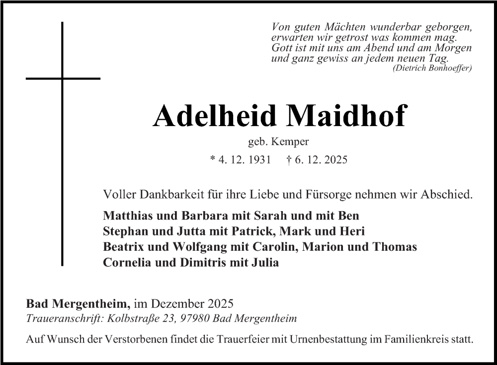  Traueranzeige für Adelheid Maidhof vom 13.12.2025 aus Fränkische Nachrichten