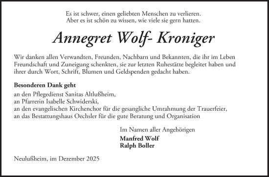 Traueranzeige von Annegret Wolf-Kroniger von Schwetzinger Zeitung