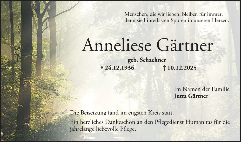  Traueranzeige für Anneliese Gärtner vom 20.12.2025 aus Bergsträßer Anzeiger