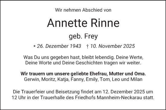 Traueranzeige von Annette Rinne von Mannheimer Morgen