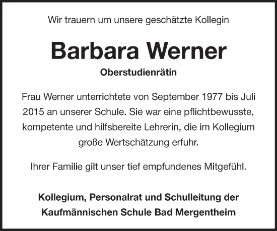 Traueranzeige von Barbara Werner von Fränkische Nachrichten