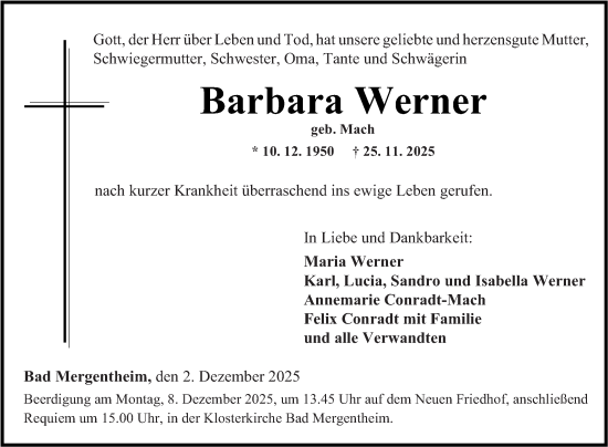 Traueranzeige von Barbara Werner von Fränkische Nachrichten