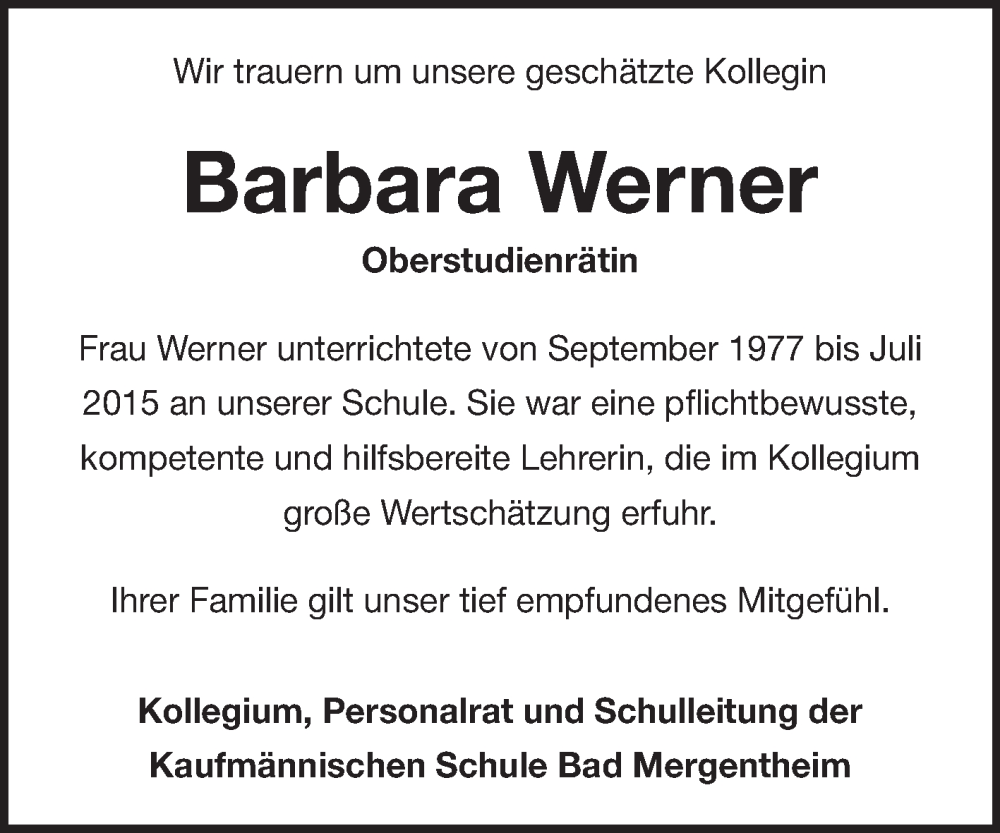  Traueranzeige für Barbara Werner vom 09.12.2025 aus Fränkische Nachrichten