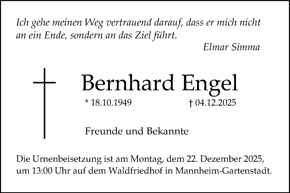  Traueranzeige für Bernhard Engel vom 13.12.2025 aus Mannheimer Morgen