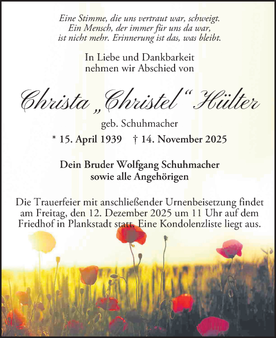 Traueranzeige von Christa Hülter von Schwetzinger Zeitung