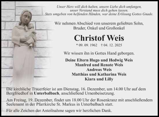 Traueranzeige von Christof Weis von Fränkische Nachrichten