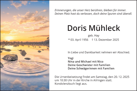 Traueranzeige von Doris Mühleck von Fränkische Nachrichten
