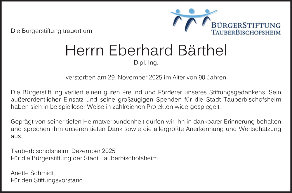  Traueranzeige für Eberhard Bärthel vom 13.12.2025 aus Fränkische Nachrichten