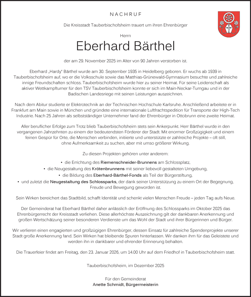  Traueranzeige für Eberhard Bärthel vom 13.12.2025 aus Fränkische Nachrichten