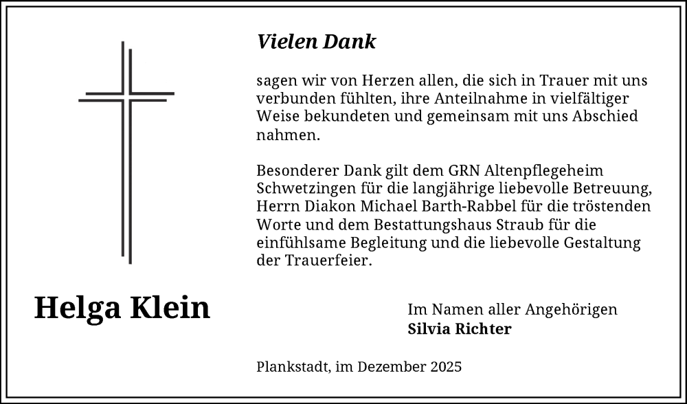  Traueranzeige für Helga Klein vom 13.12.2025 aus Schwetzinger Zeitung