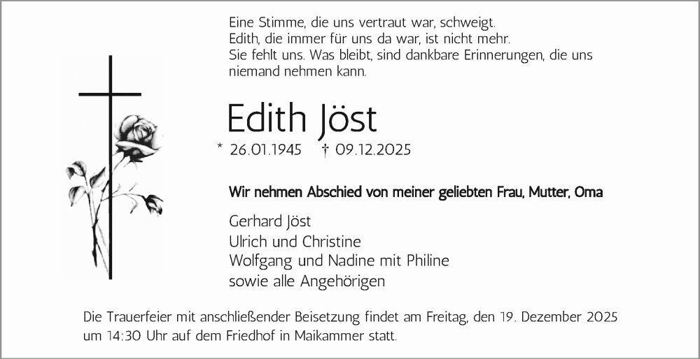 Traueranzeige für Edith Jöst vom 13.12.2025 aus Mannheimer Morgen