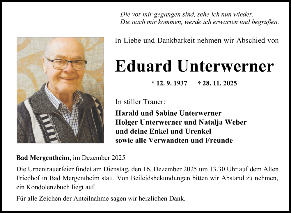  Traueranzeige für Eduard Unterwerner vom 12.12.2025 aus Fränkische Nachrichten