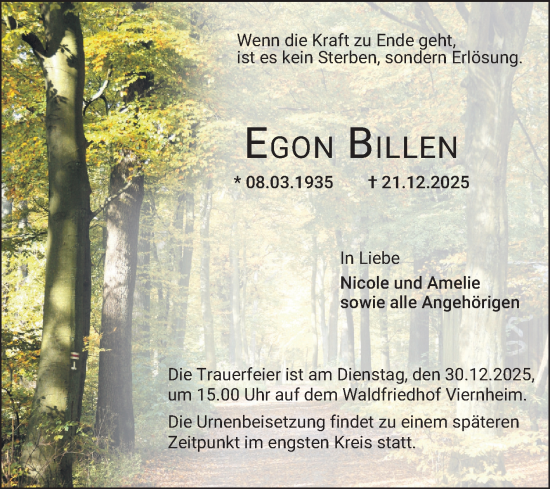 Traueranzeige von Egon Billen von Mannheimer Morgen