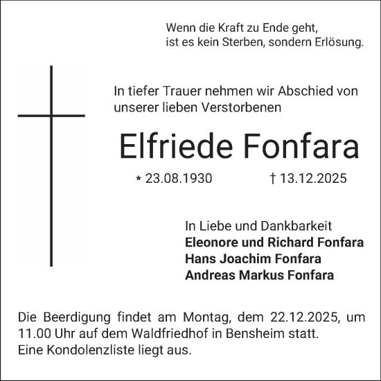 Traueranzeige von Elfriede Fonfara von Bergsträßer Anzeiger