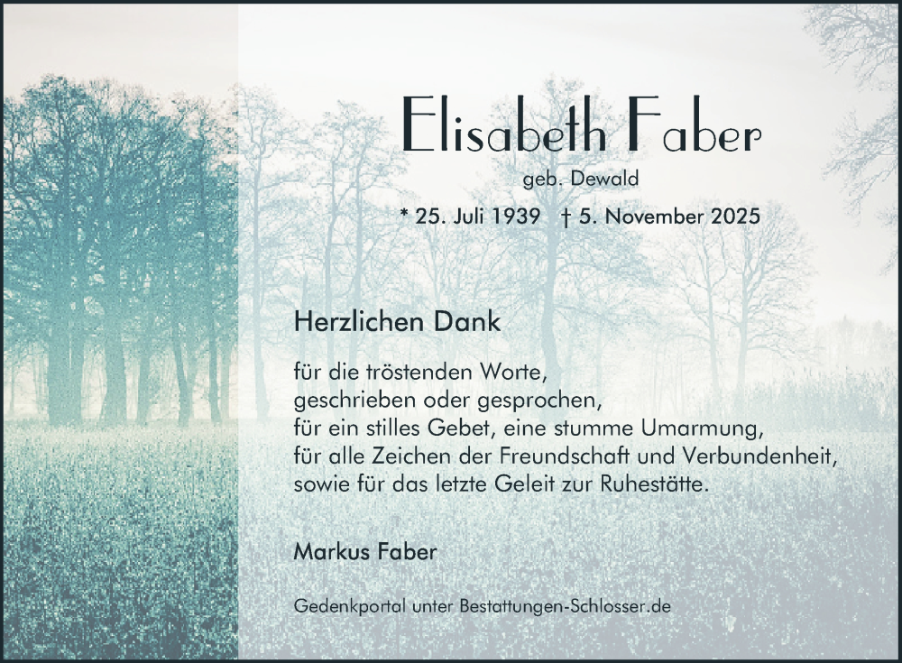  Traueranzeige für Elisabeth Faber vom 06.12.2025 aus Mannheimer Morgen