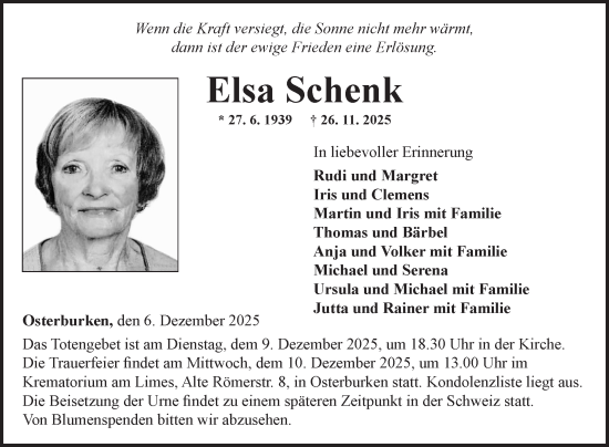 Traueranzeige von Elsa Schenk von Fränkische Nachrichten