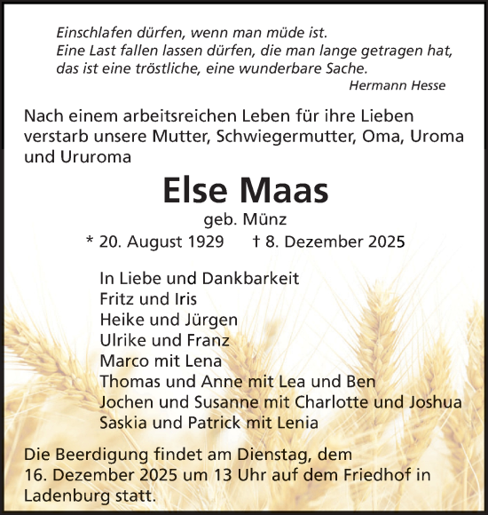 Traueranzeige von Else Maas von Mannheimer Morgen