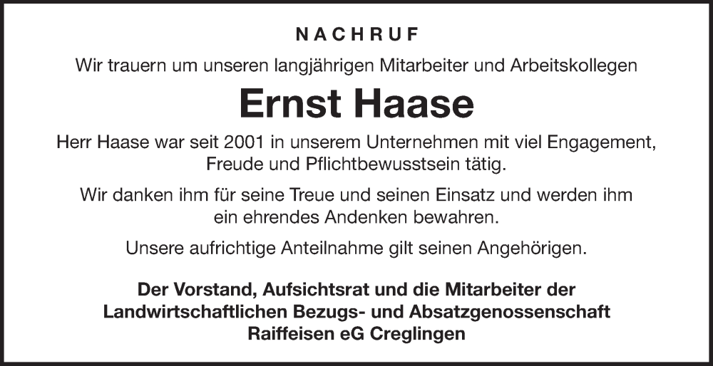  Traueranzeige für Ernst Haase vom 09.12.2025 aus Fränkische Nachrichten