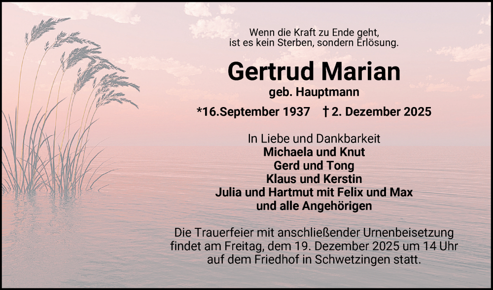  Traueranzeige für Gertrud Marian vom 15.12.2025 aus Schwetzinger Zeitung