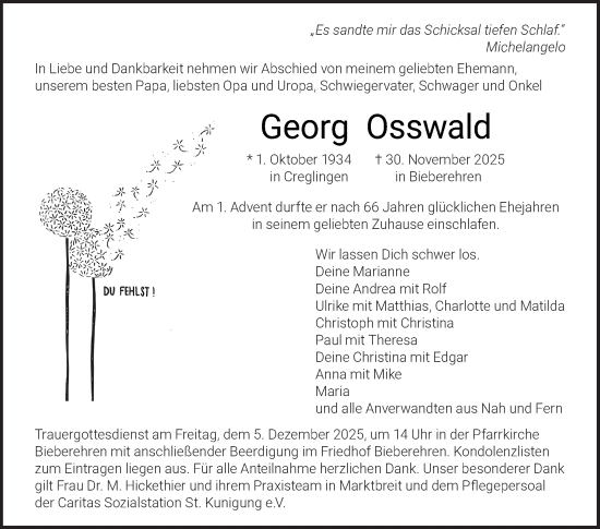 Traueranzeige von Georg Osswald von Fränkische Nachrichten