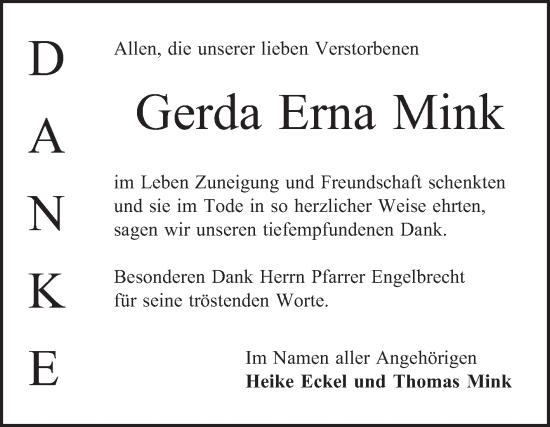 Traueranzeige von Gerda Erna Mink von Bergsträßer Anzeiger