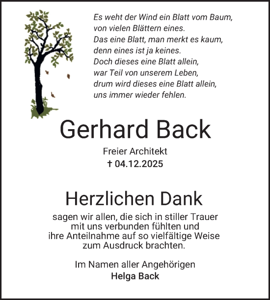 Traueranzeige von Gerhard Back von Schwetzinger Zeitung