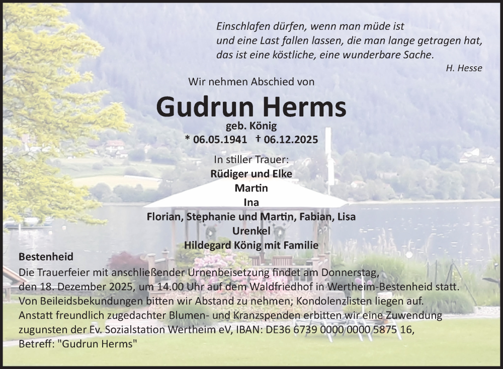  Traueranzeige für Gudrun Herms vom 13.12.2025 aus Fränkische Nachrichten