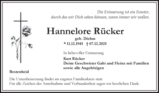 Traueranzeige von Hannelore Rücker von Fränkische Nachrichten