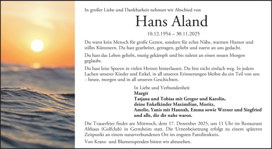 Traueranzeige von Hans Aland von Bergsträßer Anzeiger